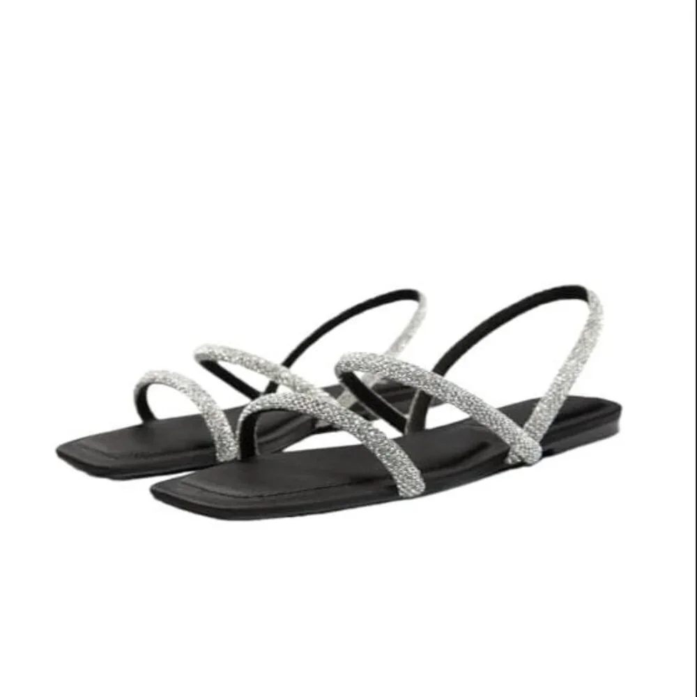 ZARA FLAT SANDALS WITH RHINESTONES BLACK SIZE 10 | 1613/110 - Picture 1 of 10